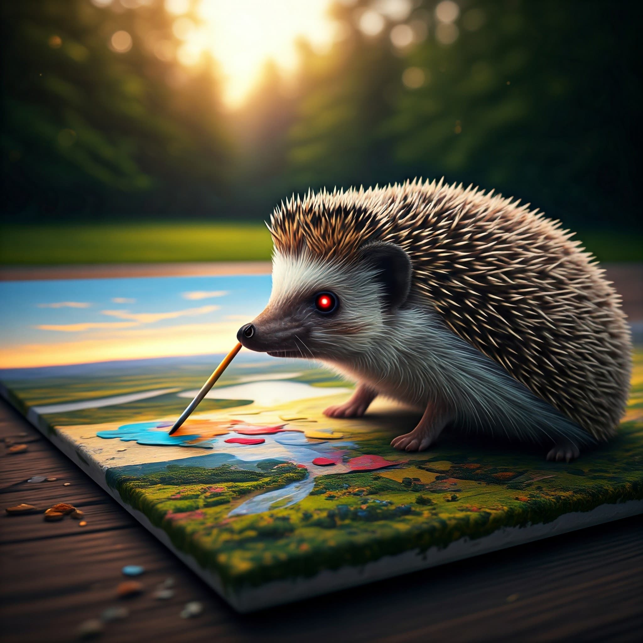 A hedgehog painting a landscape picture